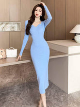 Long Sleeves Ribbed Knit Sweater Dress MAX SIZE / CornflowerBlue